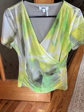 DKNY Yellow and Green Printed Wrap-Front Blouse